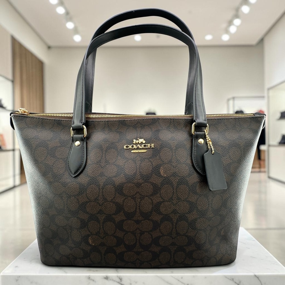 Coach Gallery Tote Bag Signature Logo 16" Crossgrain Leather Gold Tone Hardware